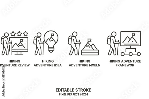 Vector icon set featuring hiking adventure activities including reviews, ideas, and frameworks for outdoor enthusiasts