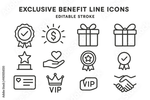 Vector icon set showcasing exclusive benefits with line art design for rewards, gifts, and membership features