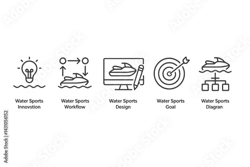 Vector icon set representing various aspects of water sports innovation, design, workflow, goals, and diagrams for visual communication