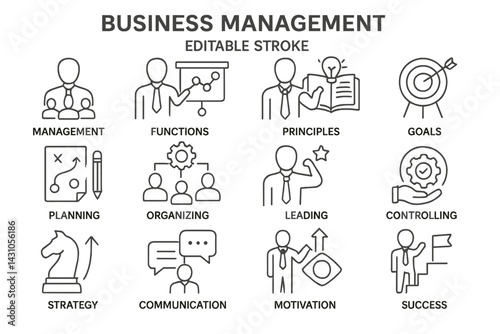 Explore a vector icon set that illustrates essential concepts in business management, including leadership, strategy, and success principles