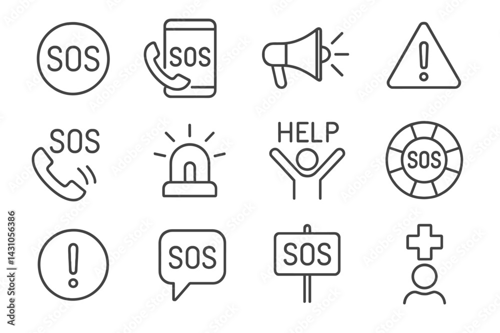 Vector icon set showcasing emergency response symbols for urgent situations and assistance requests Vector icon set showcasing emergency response symbols for urgent situations and assistance requests