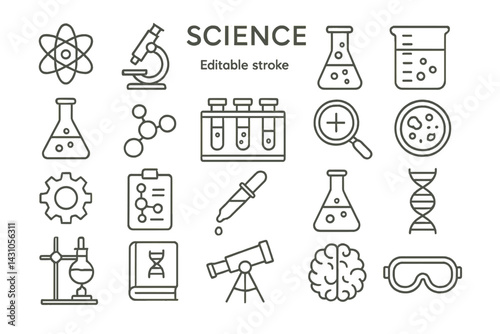 Vector icon set featuring various science symbols including laboratory equipment and molecular structures