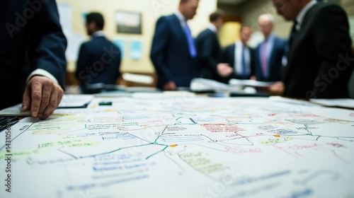 Business strategy map with handwritten notes and decision tree diagram being reviewed by focused executives in suits inside a modern boardroom, capturing key moments of strategic planning and analysis