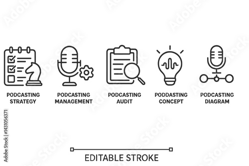 Vector icon set featuring podcasting strategy, management, audit, concept, and diagram design elements for digital media projects