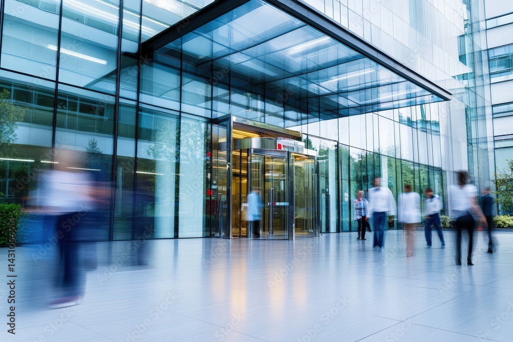 Modern medical facility entrance with expansive glass facade and motion blur of people walking through doors under canopy, captured in urban setting to depict healthcare access and movement.