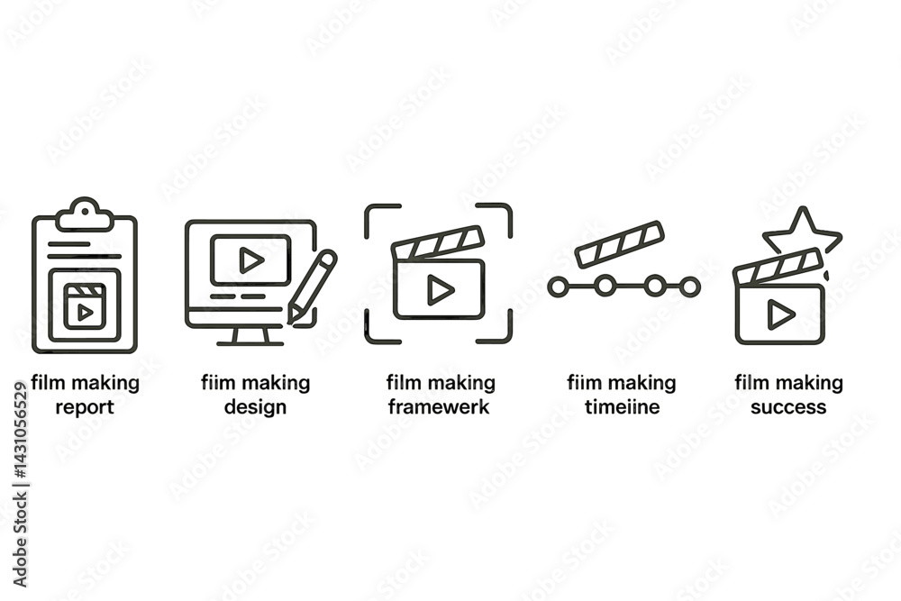 Vector icon set illustrating various aspects of film making including reports, design, frameworks, timelines, and success symbols Vector icon set illustrating various aspects of film making including reports, design, frameworks, timelines, and success symbols