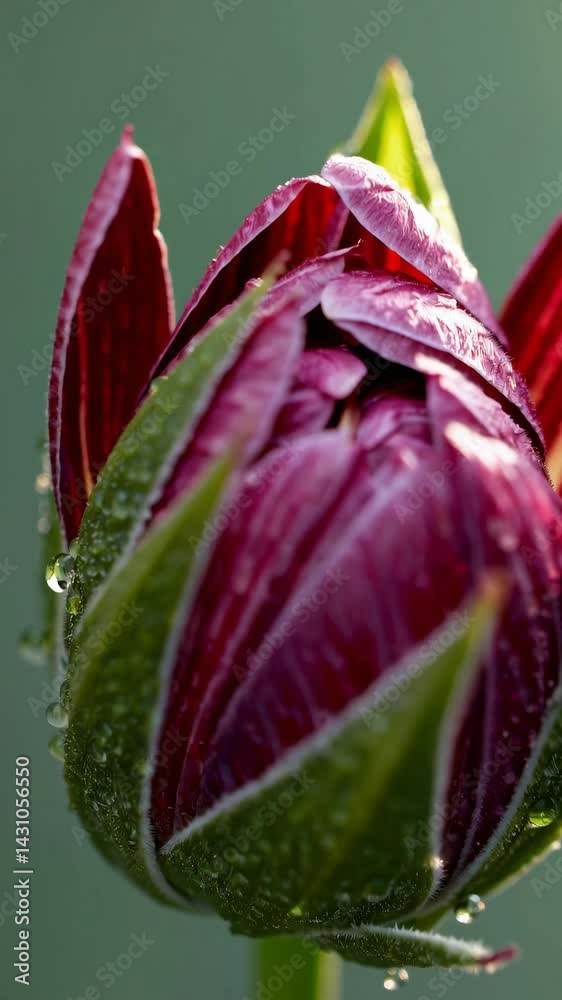 Macro close-up of green flower bud with water droplets on surface, natural beauty, freshness, and early stages of botanical growth