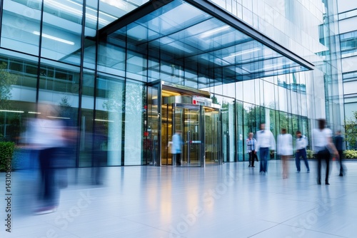 Obraz na płótnie Modern medical facility entrance with expansive glass facade and motion blur of people walking through doors under canopy, captured in urban setting to depict healthcare access and movement. w salonie