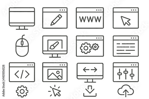 Vector icon set featuring computer-related symbols such as screens, cursors, tools, and web elements for digital design and development