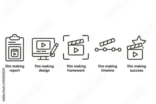 Vector icon set illustrating various aspects of film making including reports, design, frameworks, timelines, and success symbols