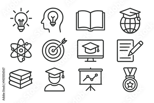 Vector icon set showcasing education, learning, and achievement symbols for design and digital projects