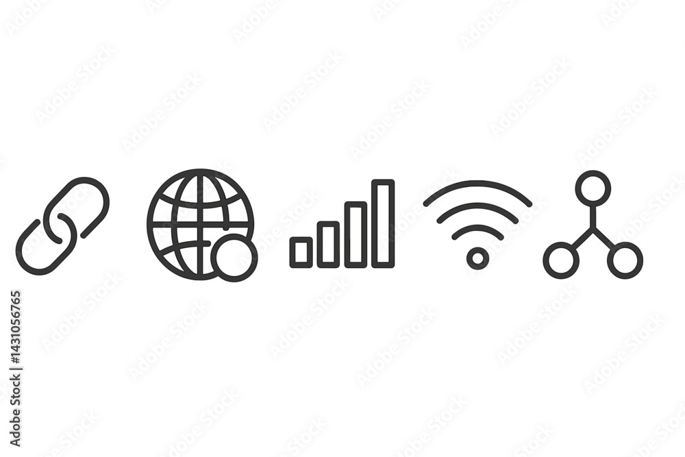 Vector icon set showcasing symbols of connectivity, global access, data metrics, wireless communication, and network structure Vector icon set showcasing symbols of connectivity, global access, data metrics, wireless communication, and network structure