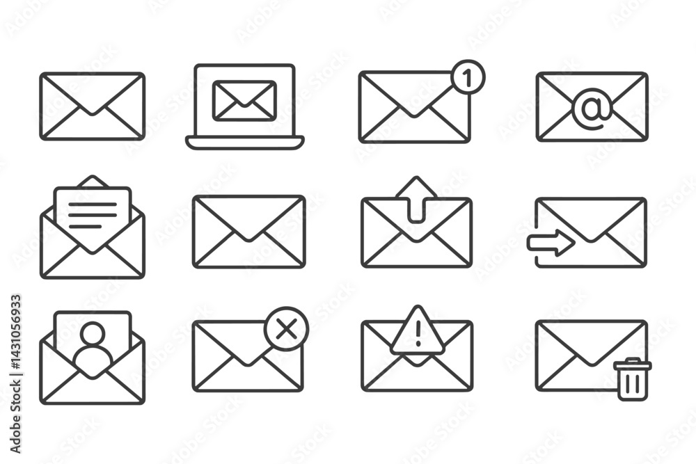 Vector icon set depicting various email-related elements for digital communication and notifications Vector icon set depicting various email-related elements for digital communication and notifications