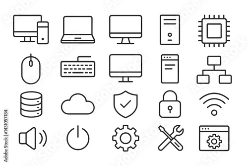 Comprehensive vector icon set featuring technology and computing symbols for digital applications