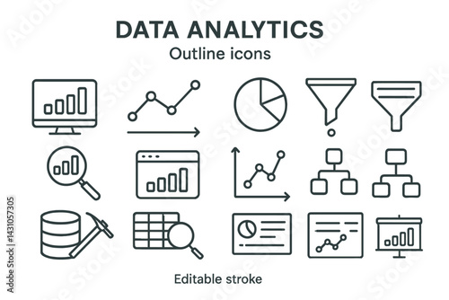 Vector icon set featuring data analytics symbols for visualizing and interpreting information effectively