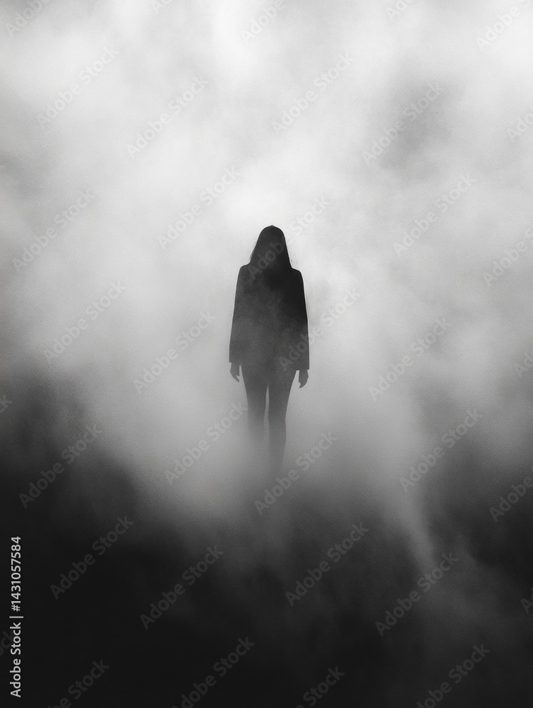 Blurry Silhouette of a Human Figure Emerging From Fog in a Mysterious Black and White Setting During Twilight Hours Generative AI
