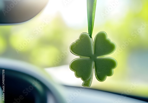 Close-up of a green, clover-shaped car air freshener hanging on the side mirror in front view. 