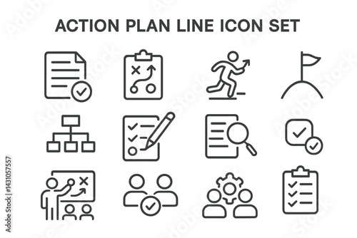 Vector icon set illustrating action plan elements with various symbols for organization and strategy