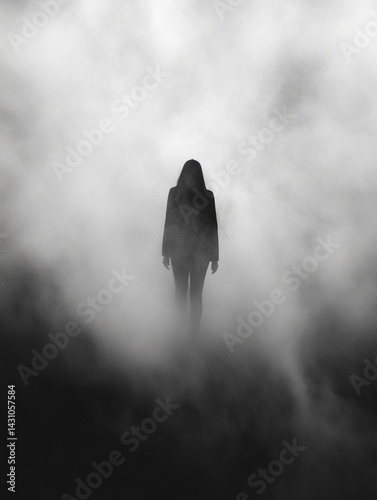 Blurry Silhouette of a Human Figure Emerging From Fog in a Mysterious Black and White Setting During Twilight Hours Generative AI