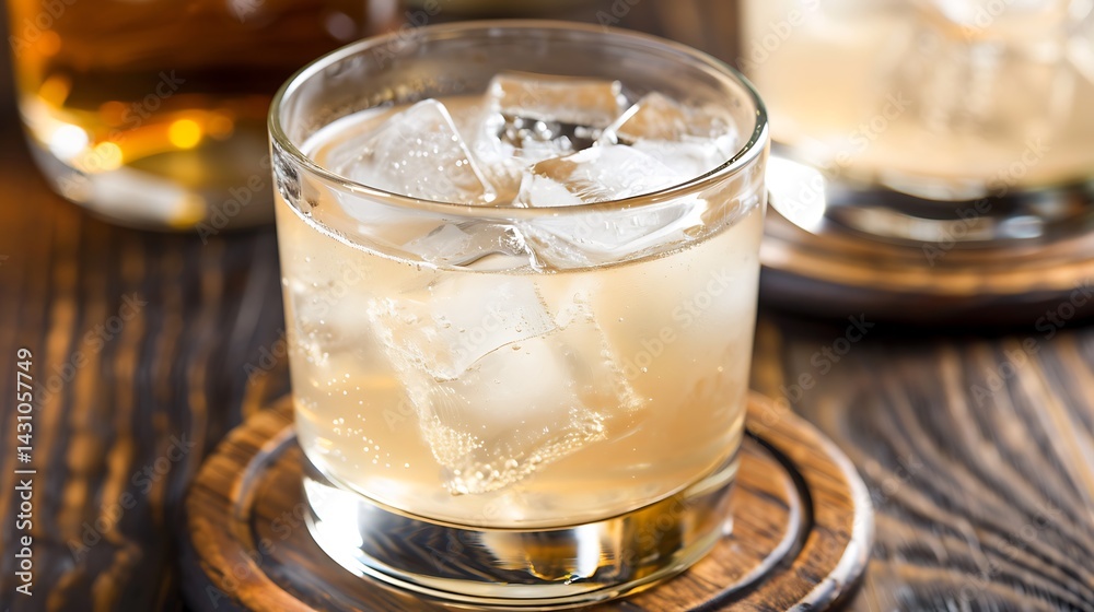 Refreshing whiskey ginger cocktail with ice, perched on a wooden coaster Refreshing whiskey ginger cocktail with ice, perched on a wooden coaster