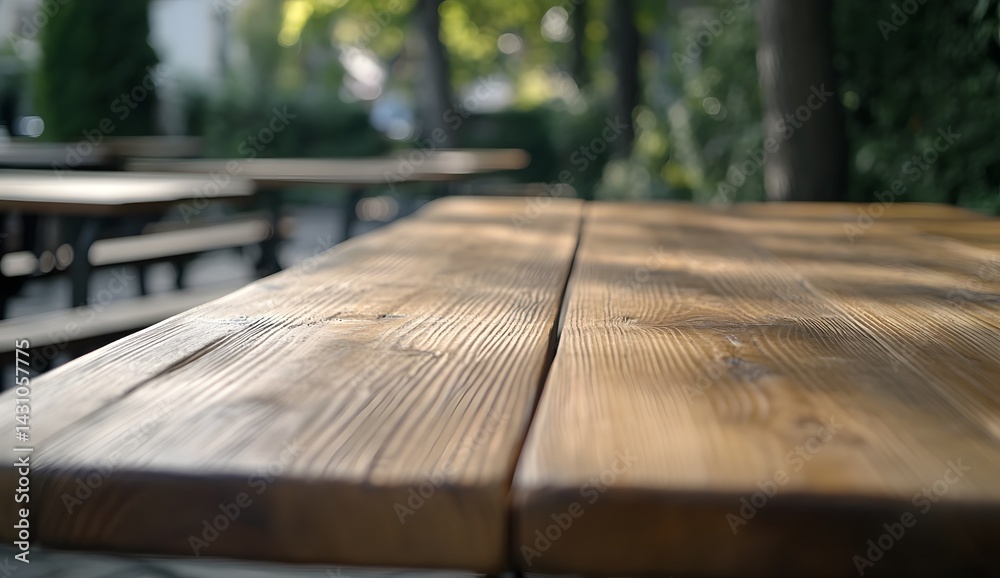 Long wooden table in an outdoor beer garden with blurred tables and benches, close-up. A blank template for a restaurant Long wooden table in an outdoor beer garden with blurred tables and benches, close-up. A blank template for a restaurant