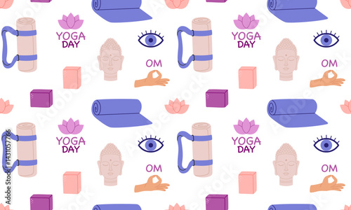 Yoga and meditation seamless pattern. Things, equipment for yoga, mat, block, Buddha head statuette. Hand drawn vector illustration isolated on white background
