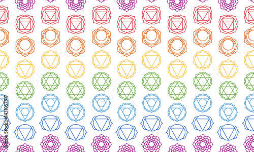 Chakras seamless pattern. Line symbol muladhara, swadhisthana, manipura, anahata, vishuddha, ajna, sahasrara. Basic human chakra system background. Vector illustration