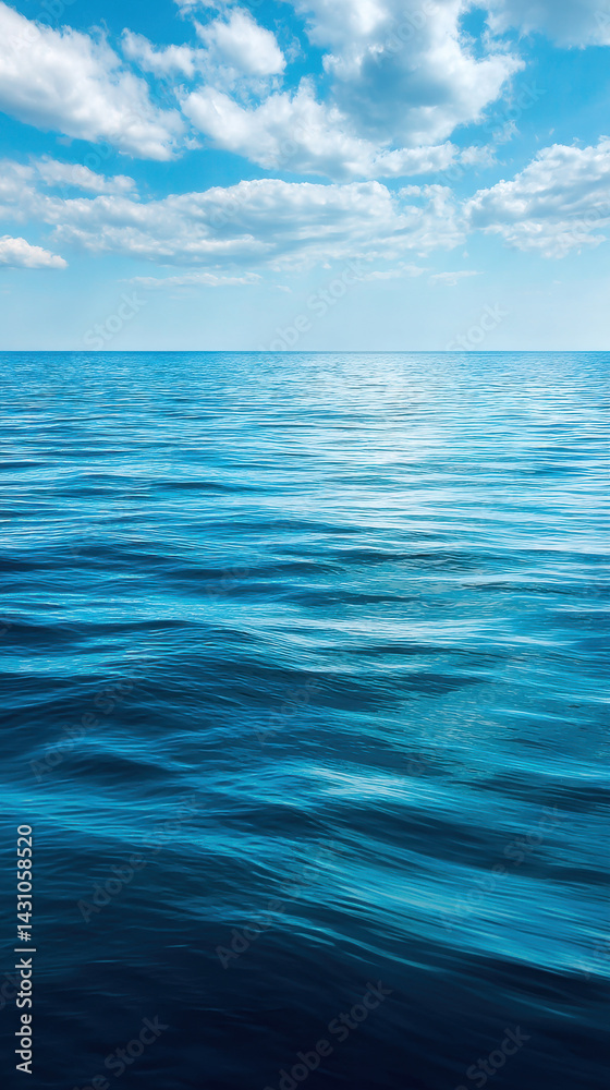 Obraz premium A captivating view of the serene blue sea stretches out towards the horizon, with fluffy white clouds scattered across the bright sky, creating a peaceful scene.