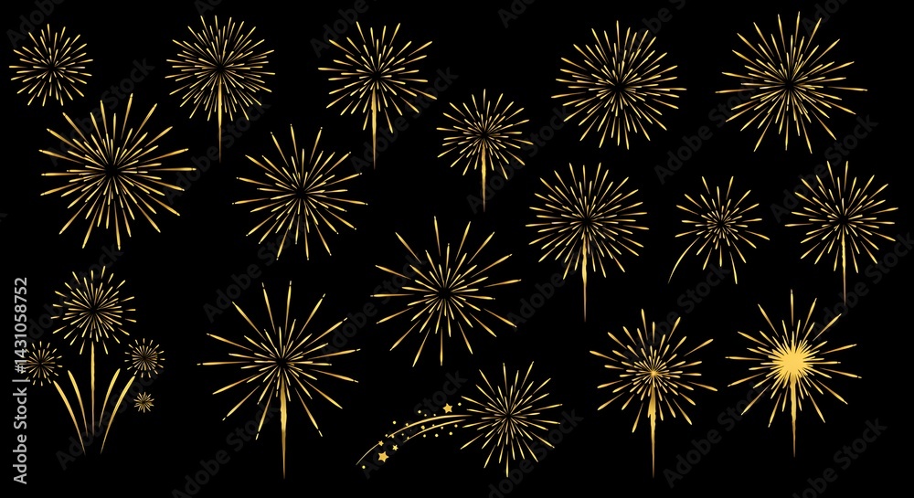 Fototapeta premium Un conjunto vectorial de ocho fuegos artificiales, aislados sobre un fondo negro.