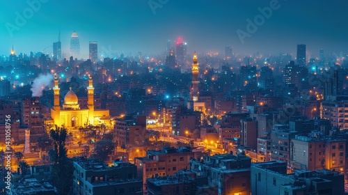 The city of Cairo at night, with ancient and modern buildings glowing under thousands of lights. photo