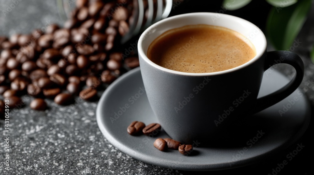 Freshly brewed coffee served in a gray cup with scattered coffee beans on a dark surface
