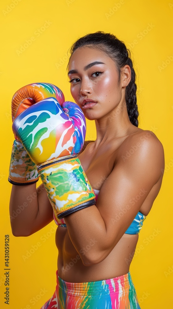 Pacific Islander woman captured in moment of readiness as she puts on vibrant boxing gloves in colorful fitness studio, expressing cultural pride and feminine strength through sport and determination