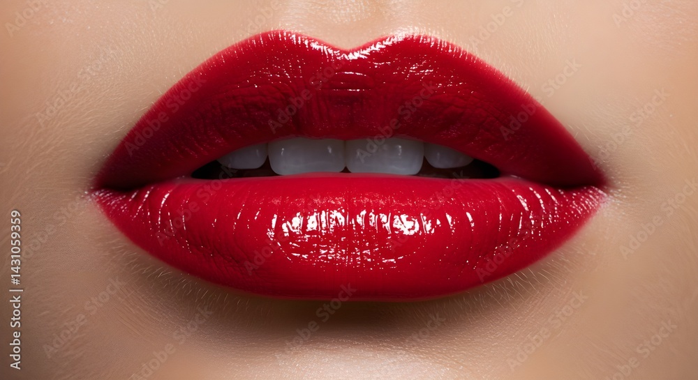 Obraz premium Primer plano de labios rojos sensuales. Maquillaje perfecto. Brillo labial rojo precioso. Cosmético. Boca abierta, labios grandes. Procedimientos cosméticos de belleza.