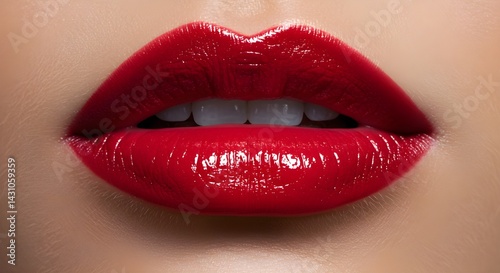 Primer plano de labios rojos sensuales. Maquillaje perfecto. Brillo labial rojo precioso. Cosmético. Boca abierta, labios grandes. Procedimientos cosméticos de belleza.