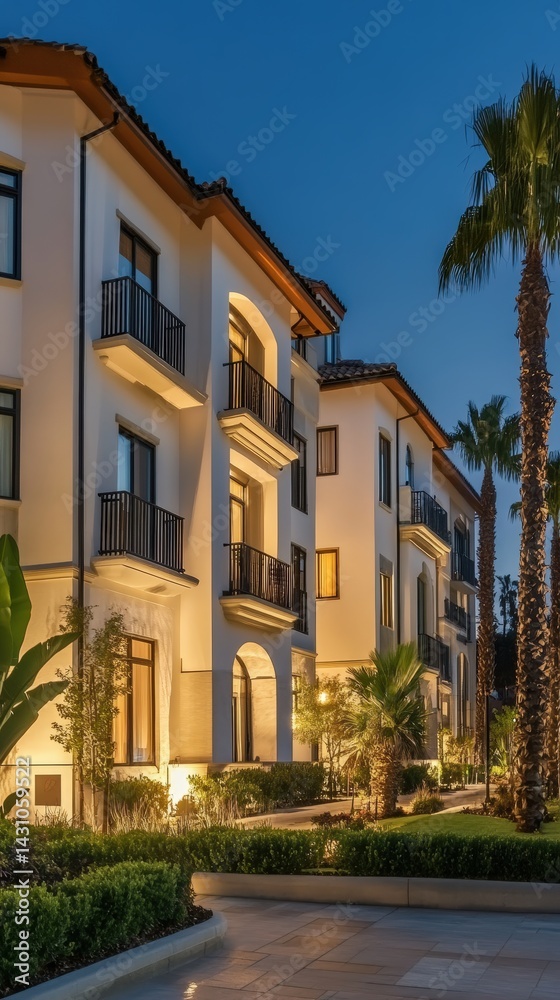 Multi-story residential building in modern urban district with unique architectural style. Real estate investment and city development themes. Community housing. Contemporary apartment building.