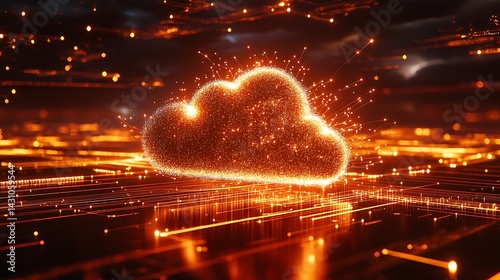 Illuminated data cloud with glowing particle streams and network lines