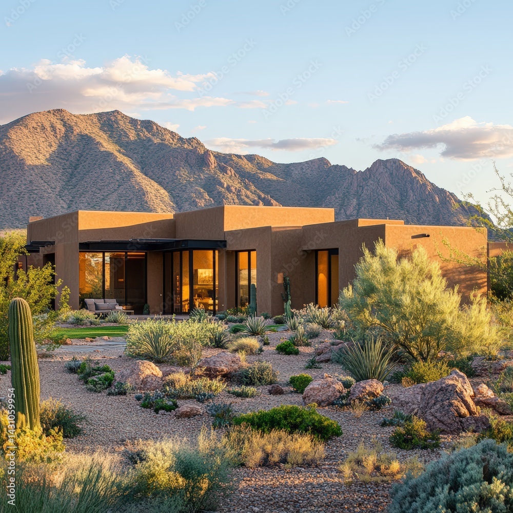 Dessert home with xeriscaped yard and distant mountain. Sustainable living in arid climates with earth-tone architecture. Sustainable housing design. Energy-efficient living. Eco-friendly home.