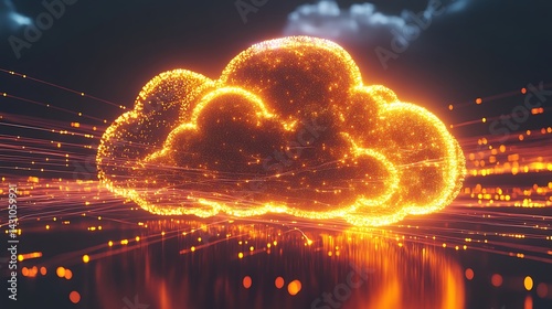 Illuminated data cloud with glowing particle streams and network lines