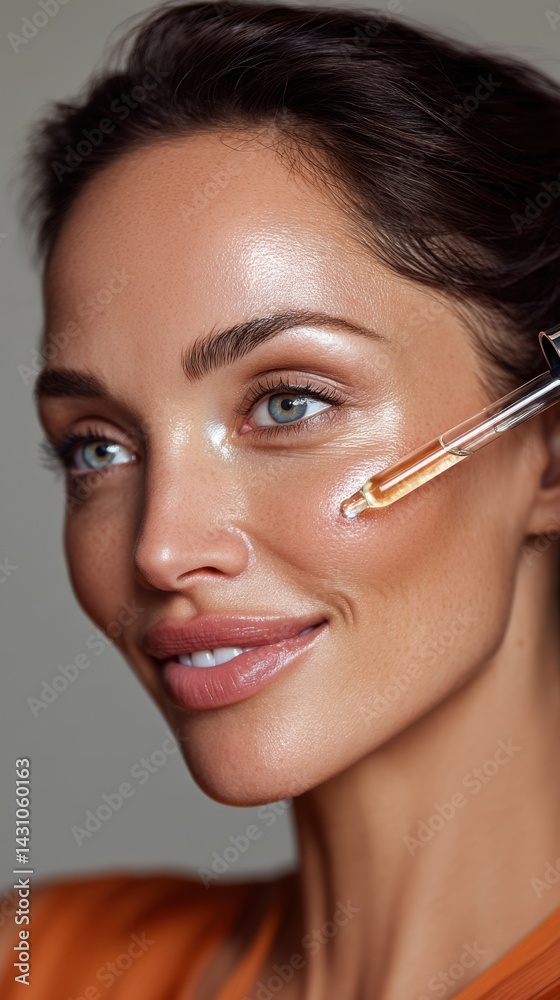 Bright and radiant skin is enhanced by a beauty serum application during a skincare routine at home in the afternoon Bright and radiant skin is enhanced by a beauty serum application during a skincare routine at home in the afternoon