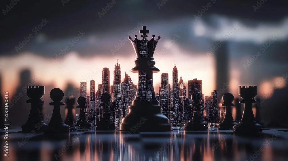 Close-up of queen chess piece with crown resembling industrial skyline, surrounded by pawns arranged like population, perfect for economic influence and soft power concept