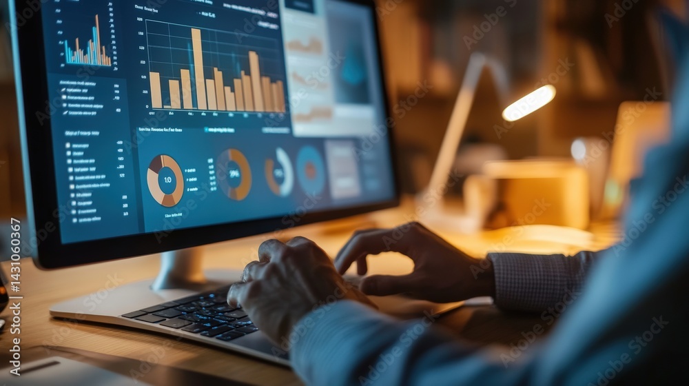 A corporate strategist analyzing data visualization charts next to personalized direct mail samples during an upscale neighborhood campaign focused on measuring customer response and ROI.