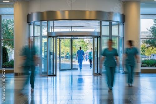 Glass entry of a modern wellness center with blurred doctors and nurses rushing inside in scrubs during busy morning shift, showcasing healthcare urgency and urban medical architecture