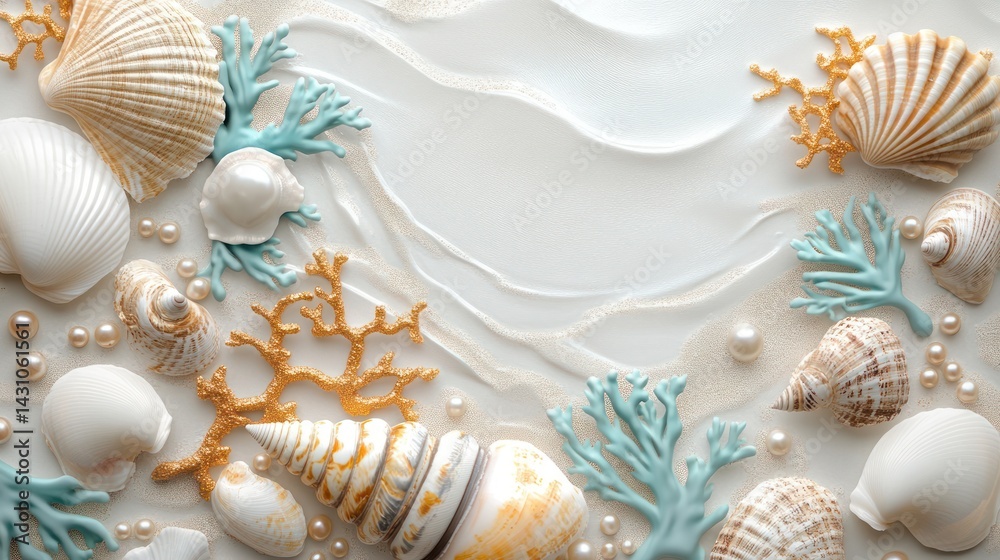 Decorative seashells and coral on white background. Possible use greeting card, stationery, or home decor Decorative seashells and coral on white background. Possible use greeting card, stationery, or home decor