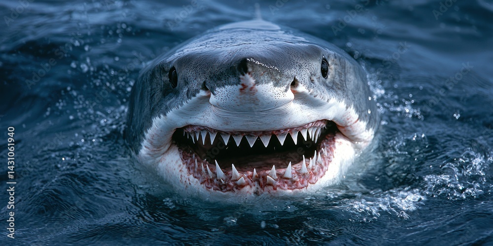 Naklejka premium A dramatic close-up of a great white sharkâ€™s face, its sharp teeth visible as it swims through the deep blue ocean