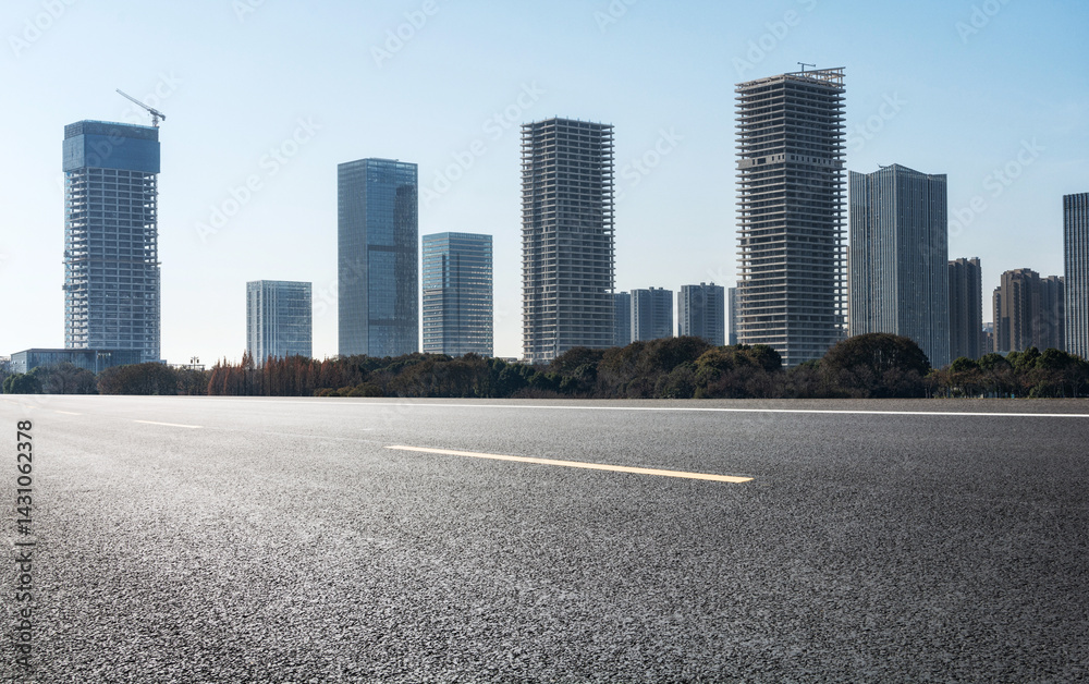 Modern Urban Landscape with Skyscrapers and Clear Blue Sky