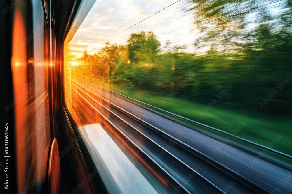 Obraz premium Sunset view from a moving train passing through lush green landscapes