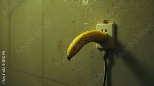 Banana plugged into an electric socket on a beige wall, Absurdist Art