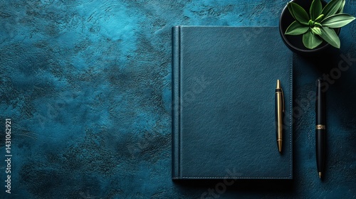 Elegant Workspace: Teal Notebook, Gold Pen, and Plant