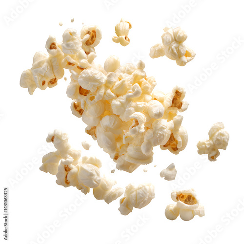 Flying popcorn isolated on white background, with clipping path, macro --v 7.0
