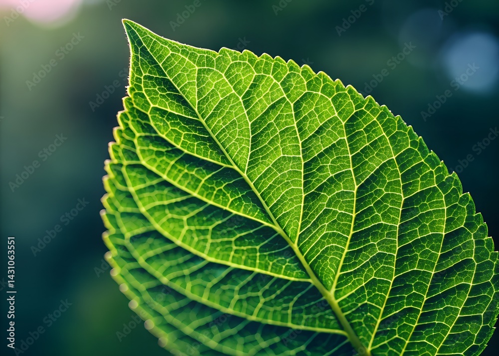 macro Close-up of a vibrant green leaf showing intricate vein patterns and textures.